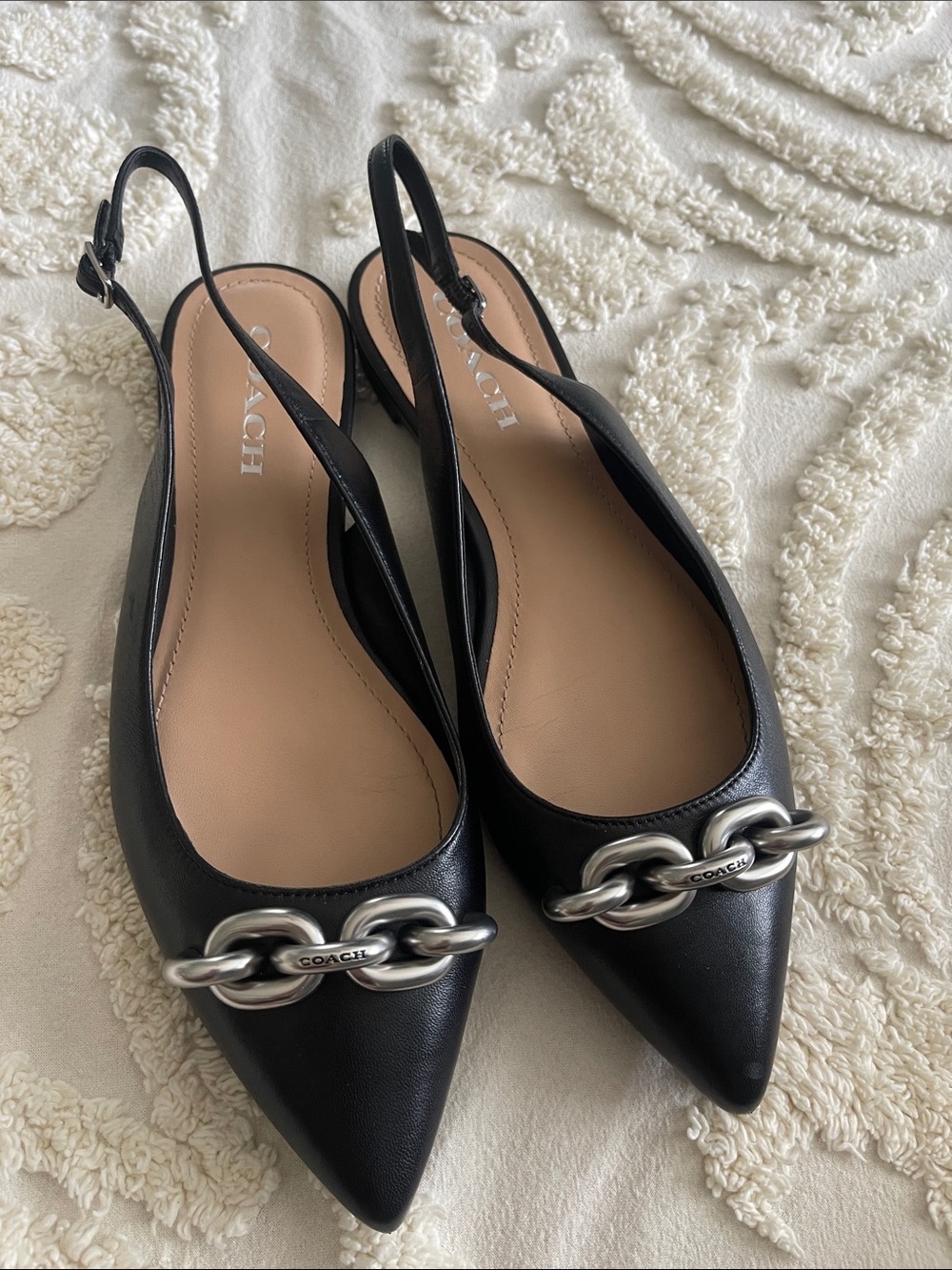 COACH Veronica Skimmer Black Leather Pointed Slingback Flats with Silver Chain